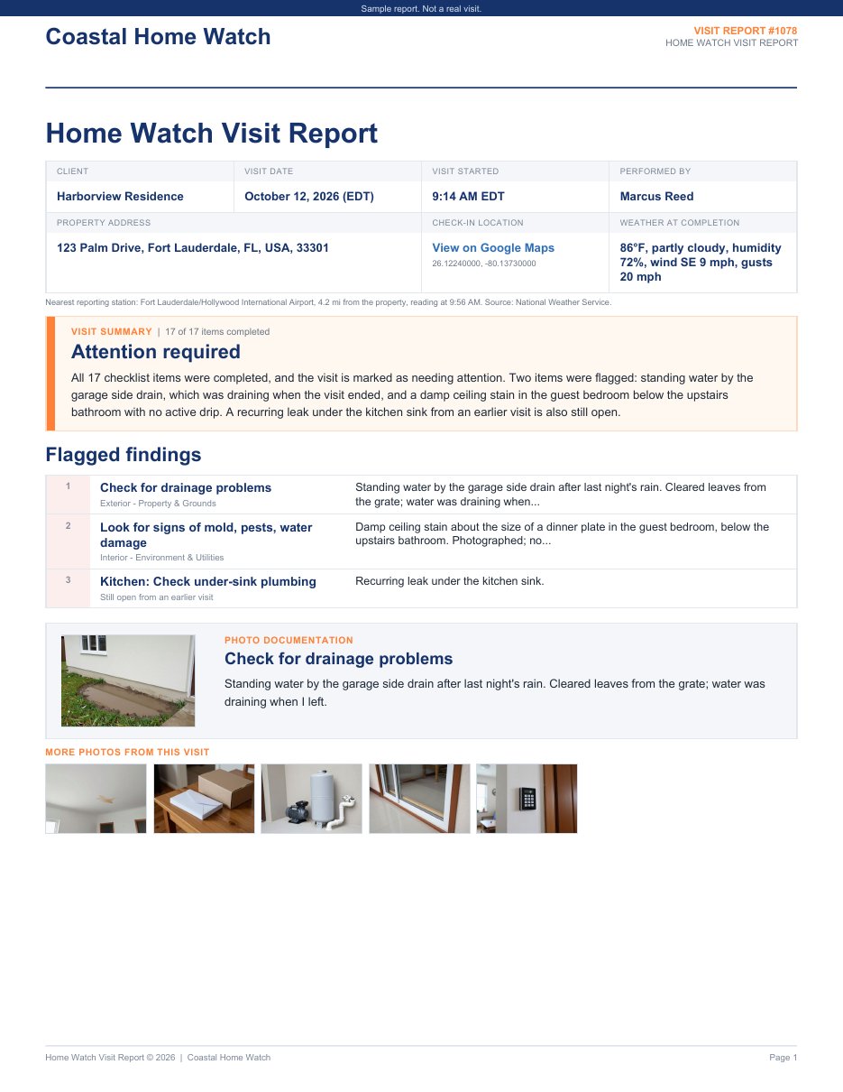 Page one of a home watch report with an AI-drafted visit summary, flagged findings and a photo
