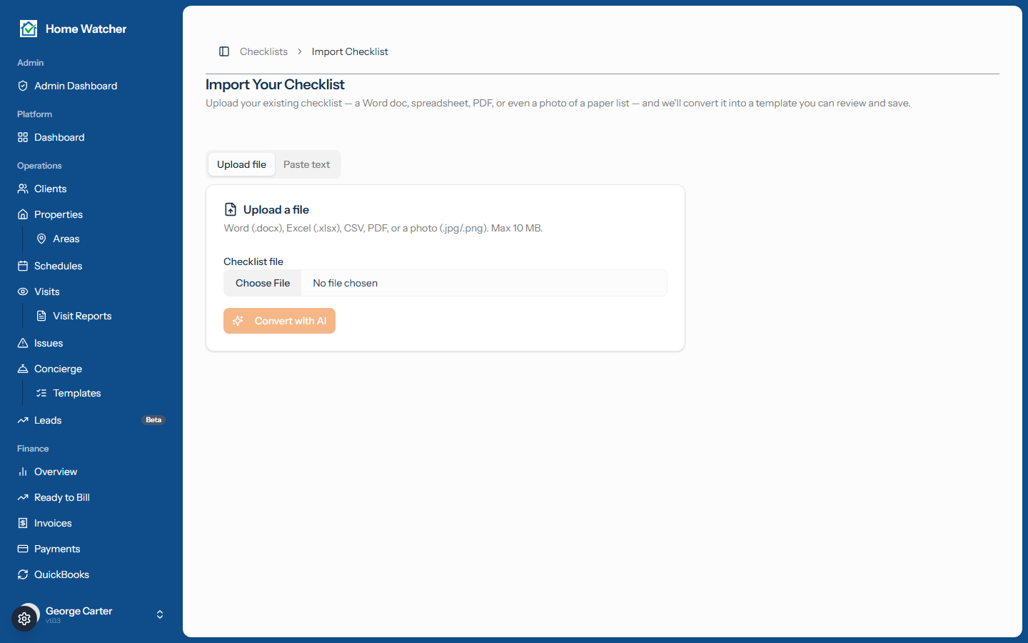 Home Watcher's AI checklist import turning an uploaded file into a ready-to-use inspection template